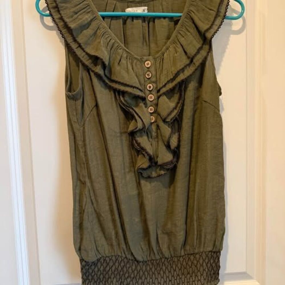mine... Olive Green Ruffle Sleeveless Top Small with Smocked Hem